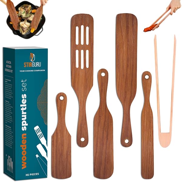 STIRGURU SET OF 5 WOODEN SPURTLE SET + 1 TOASTER TONG TO STIR AND SERVE LIKE A WHIZ – SPURTLES KITCHEN TOOLS WOODEN. HANDY FOR CHEF DE CUISINE. ACACIA WOOD SPATULA SPURTLES KITCHEN TOOLS AS SEEN ON TV