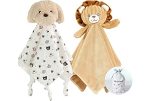 CREVENT Cozy Plush Baby Security Blanket, Loveys for Baby Girls and Boys, Birthday (Dog + Lion)