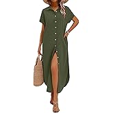 Zeagoo Womens Summer Casual Short Sleeve Button Down Long Shirt Dresses Loose Swimsuit Beach Cover Ups with Pockets