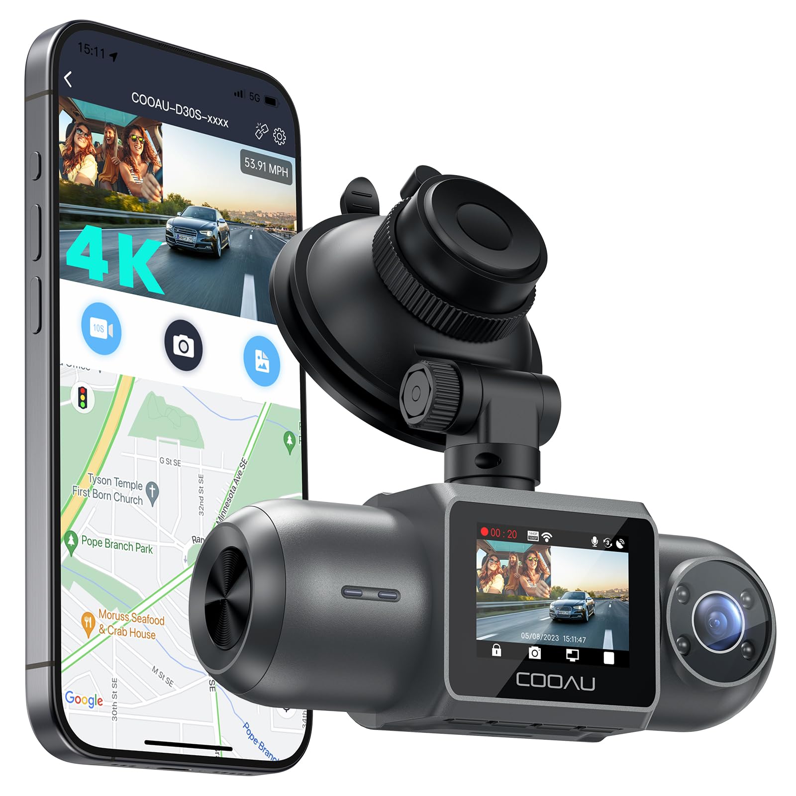 COOAU D30S 4K Dash Cam with GPS Wi-Fi, Front and Inside Dual 2.5K 1080P, Uber Car Camera with Infrared Night Vision, Supercapacitor, 4 IR LEDs, G-Sensor, Parking Mode, Loop Recording