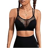 OYOANGLE Women's Fishnet Wireless Sports Bra Criss Cross Back Knitted Crop Tops Push Up Workout Bralettes