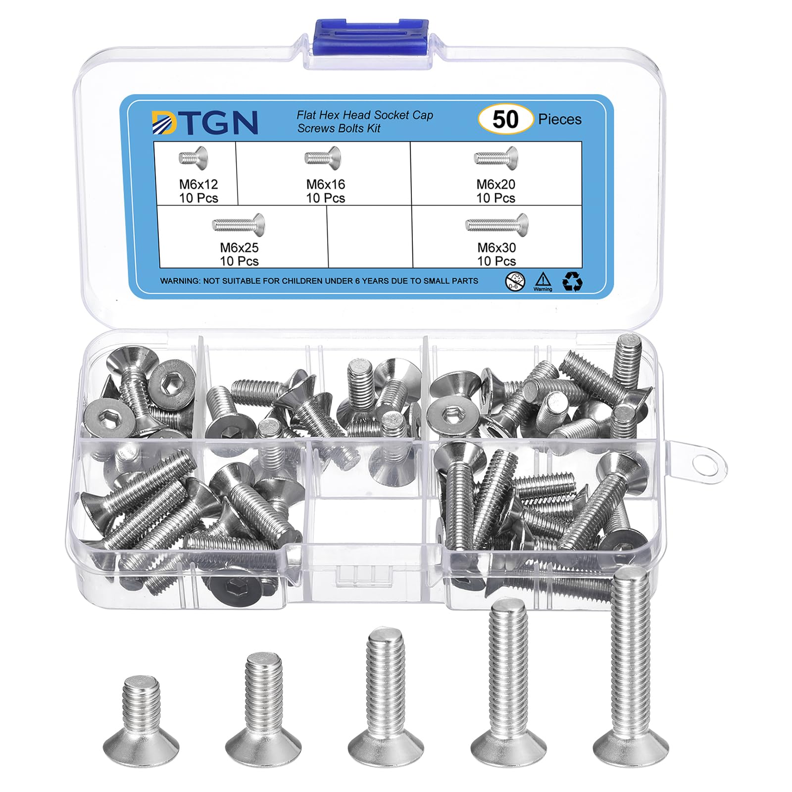DTGN 50Pcs M6 x 12mm /16mm /20mm /25mm/ 30mm Flat Head Hex Socket Cap Screws Bolts Kit, 304 Stainless Steel, Full Thread, Countersunk Bolts