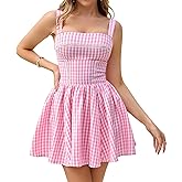 KUTUMAI Summer Gingham Mini Dress Corset Square Neck Lace Up Casual Sundress Flowy A Line Short Dresses for Women 2025