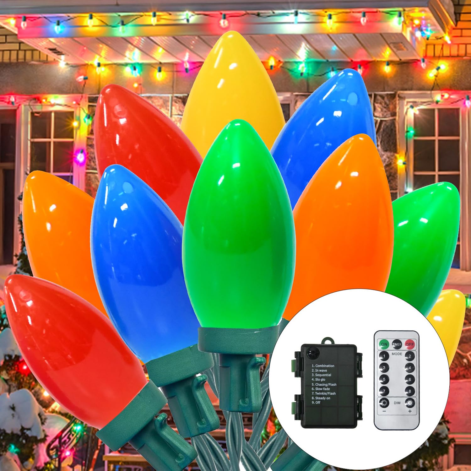 Photo 1 of 27.5Ft C9 LED Christmas Lights Battery Operated with Remote, LED Multicolor Christmas Lights Outdoor Christmas Tree Lights with 8 Mode Twinkle, for Christmas Tree Home Stair Yard Decor, 50 LED Bulbs