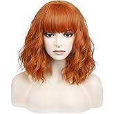 incohair Short Dark Orange Wig with Bangs Women Short Curly Wavy Bob Wig Shoulder Synthetic Party Wigs (Dark Orange)