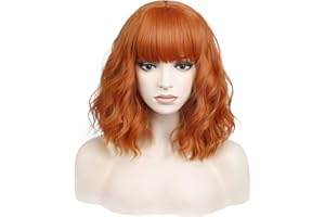 incohair 14 Inches Dark Orange Wig with Bangs Women Girls Short Curly Wavy Bob Wig Shoulder Synthetic Party Wigs Wig Cap Included (Dark Orange)