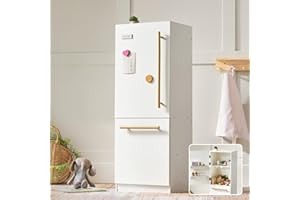 Tiny Land Wooden Toy Fridge with Spacious Storage, Realistic Play Kitchen Refrigerator for Kids’ Pretend Play with Three Freezer Magnets
