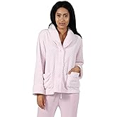 LA CERA Women's Fleece Bed Jacket - Stylish Notched Collar, Long Sleeves, Front Pockets, Button Front, Machine Washable
