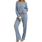 Kocowoo Women's Ribbed Knit Pajama Set Long Sleeve 2 Piece Loungewear Outfits Soft Pj Clothing Set with Pockets
