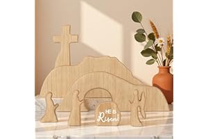 Empty Tomb Easter Scene with Cross Christian Decor, Wooden Easter Resurrection Scene Jesus Tomb Tray Set for Religious Decora