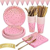 Pink and Gold Party Supplies 145PCS Golden Dot Paper Party Dinnerware Includes Paper Plates, Napkins, Knives, Forks, Cups, Banner, for Bachelorette, Girl Birthday, Baby Shower, Serves 24