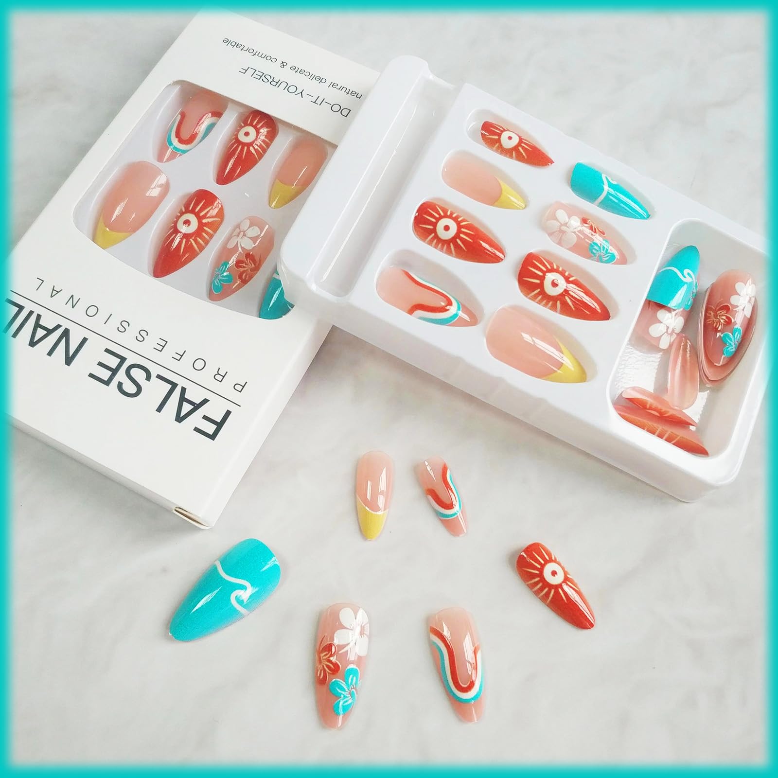 24 Pcs Summer Press on Nails French Tips Medium Almond Acrylic False Nails Sun Stick on Nail Glossy Orange Curve Line Fake Nail Waves Gel Glue on Fingernails for Manicure Art Women Girls - Image 2