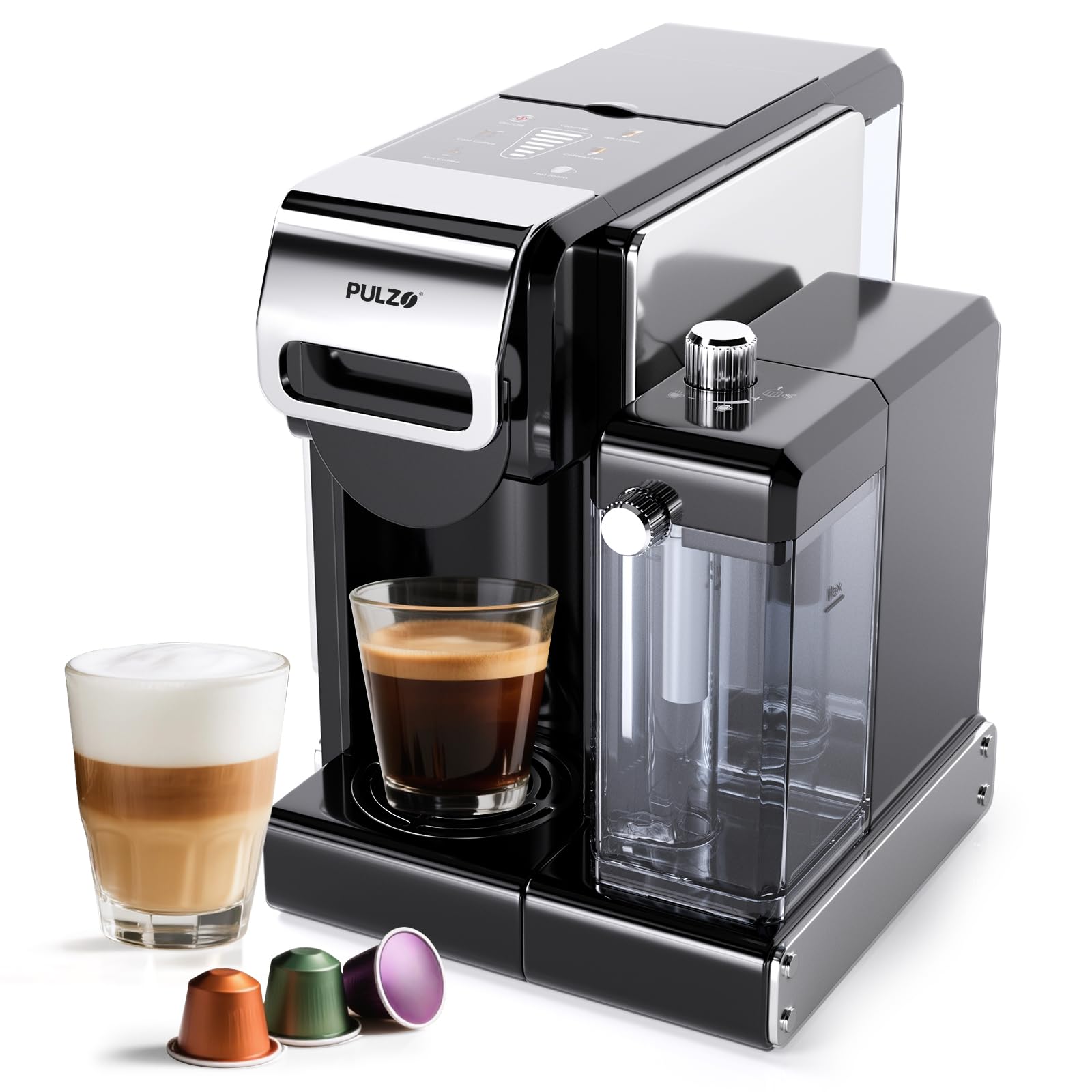 Photo 1 of PULZO Espresso Machine with Integrated Automatic Milk Frother, capsule coffee maker for K*cup capsule/Ne*s Original/coffee powder, One Touch Latte & Cappuccino