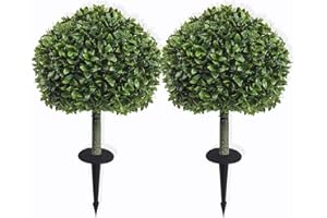 MELLI WELLI Artificial Boxwood Topiary Ball Tree with Ground Spike, Set of 2 Artificial Shrub Bushes, Fake Evergreen Tree for Porch, Artificial Plants for Outdoor Planters Indoor UV Resistant-Green
