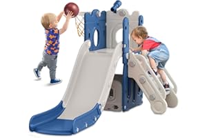 BIERUM 7 in 1 Toddler Slide, L-Shaped Baby Slide for Toddlers Age 1-3 with Basketball Hoop, Ring Toss, Storage Space, Outdoor Indoor Slide Playset Toddler Playground Blue Gray