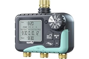 RAINPOINT 3 Zone Water Timer with Brass Inlet and Outlet, 3 Custom Watering Plans Sprinkler Timer, Featuring IP65 Waterproof,Rain Delay, Manual & Automatic Watering with Large LCD Display for Yard