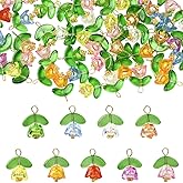 SUNNYCLUE 1 Box 50Pcs Lily of The Valley Flower Charms Floral Acrylic Charms Colorful Bell Flower Glass Green Leaf with Brass Loop Dangle Pendants for Jewelry Making DIY Earrings Crafts Supplies