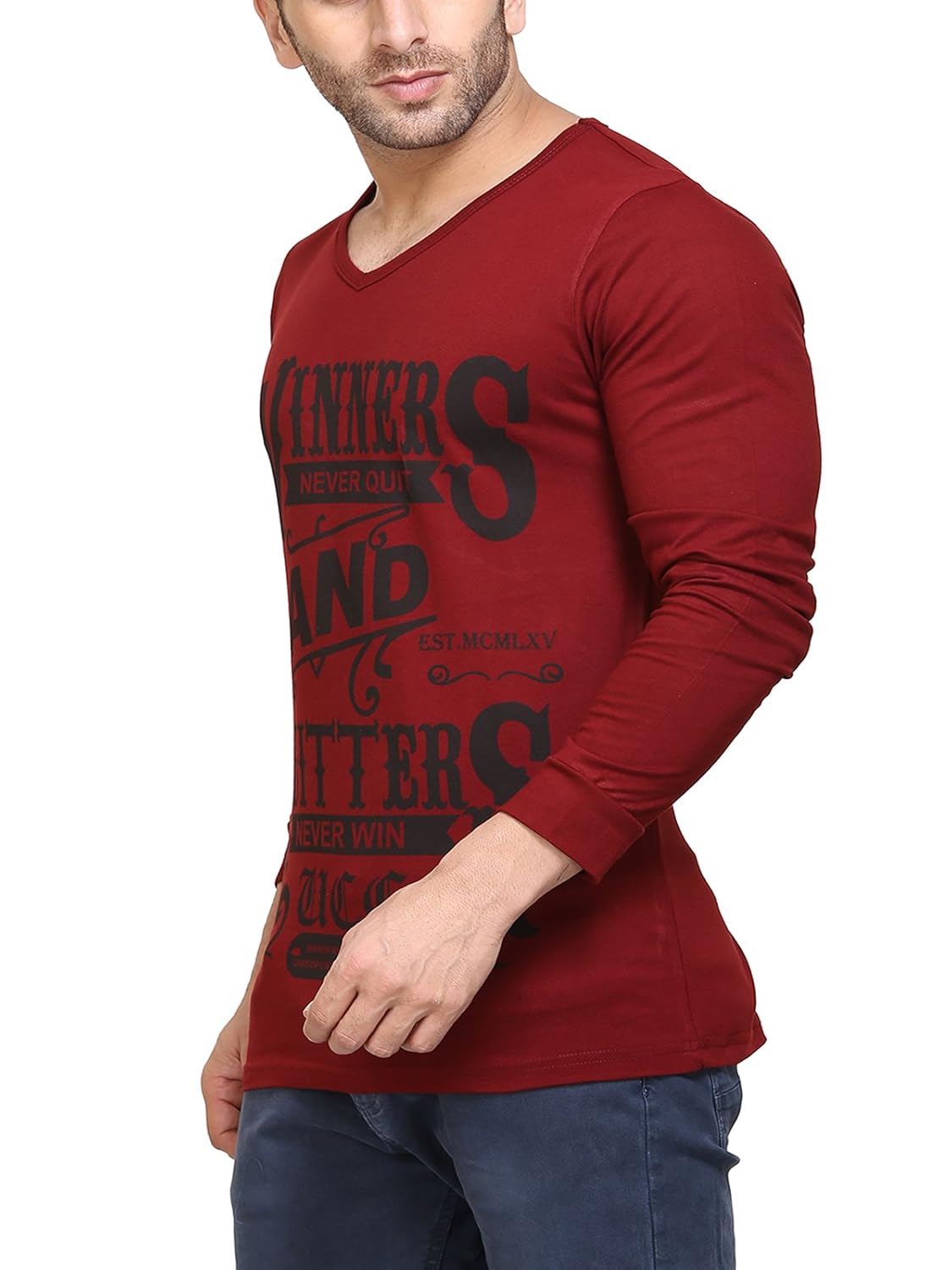 unisopent men's v neck full sleeves printed cotton t-shirt