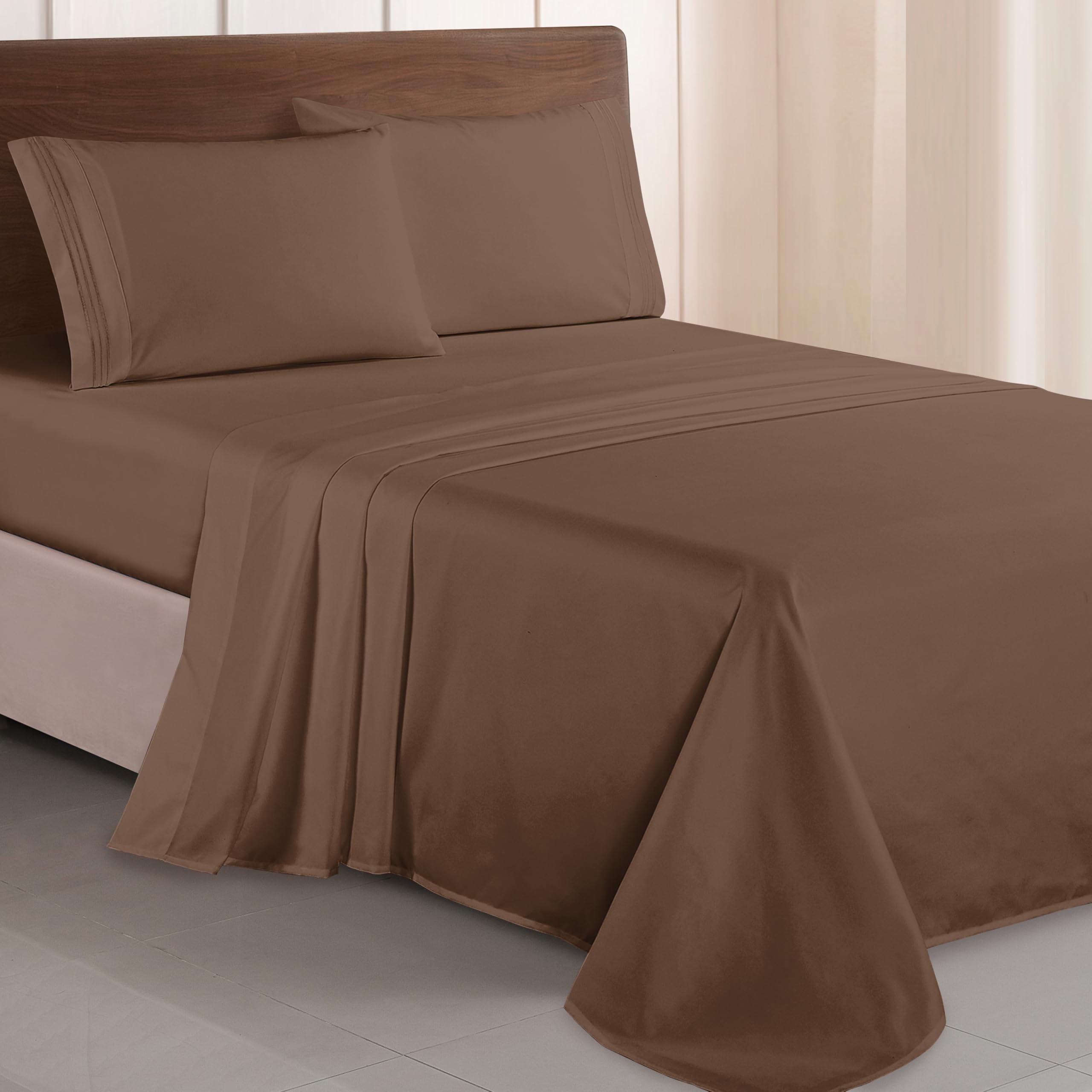 Elegant Comfort Luxurious 1500 Premium Hotel Quality Microfiber Three Line Embroidered Softest 4-Piece Bed Sheet Set, Wrinkle and Fade Resistant, King, Taupe — image 1