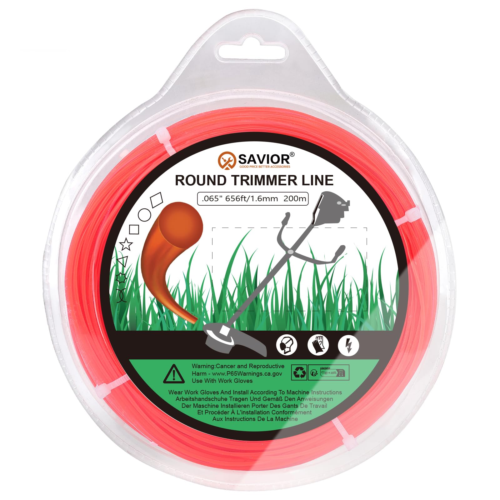 Savior 200M 1.6mm Strimmer Line Universal Strimmer Wire Strong Grass Nylon Cord Heavy Duty for Park Garden Weeds Flower Beds Field Lawn (1.6mm x 200m Round)