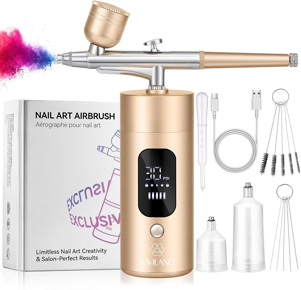 SAVILAND Airbrush for Nails 30PSI LCD Display Nail Airbrush Machine Gold | Compressor Rechargeable, Cordless Portable Nail Sp
