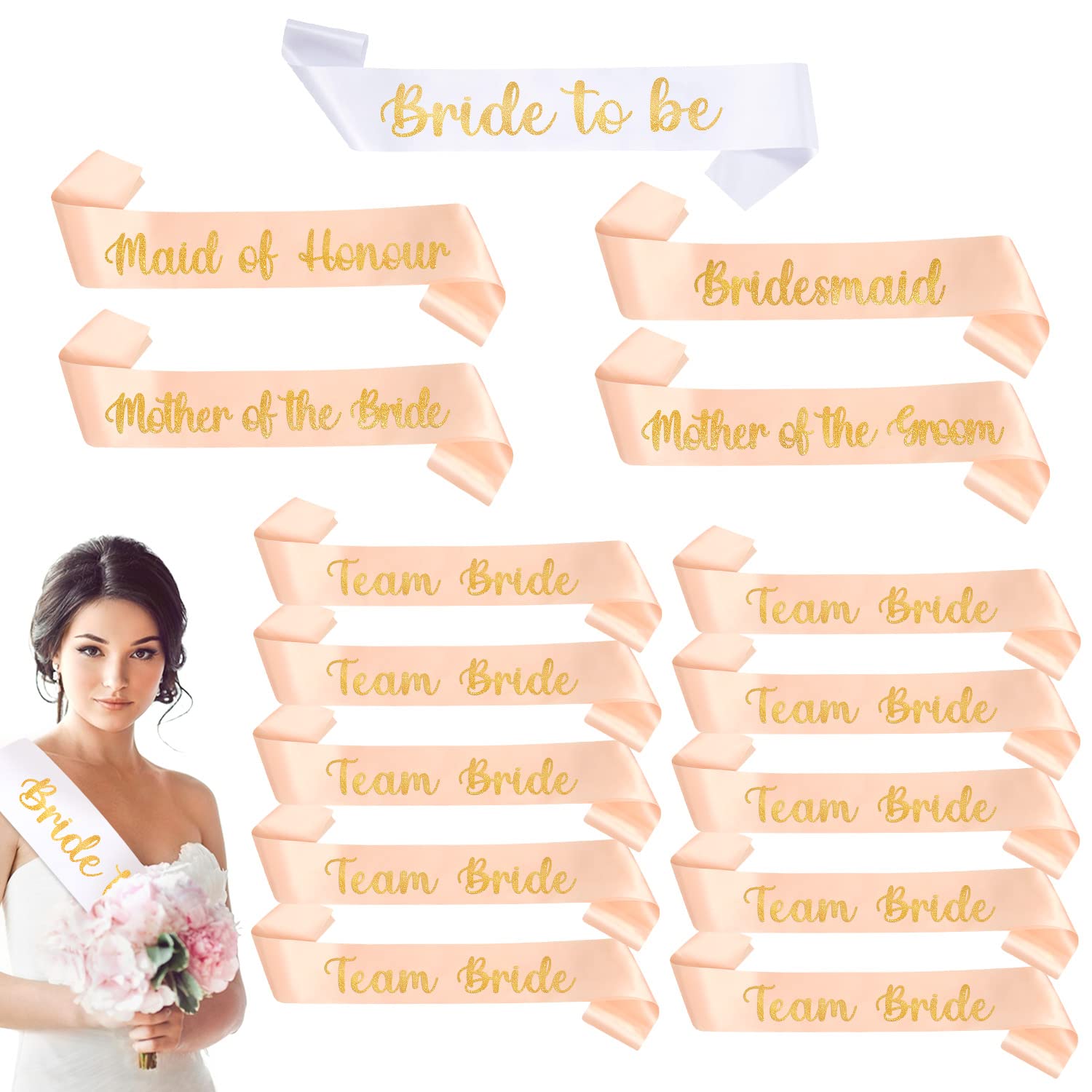Yueshop 15 PCS Hen Party Sashes Set of Bridesmaid/Maid Of Honour/Mother of the Bride/Mother of the Groom/Team Bride Sash with Golden Letter Design Suitable for Hen Party Wedding
