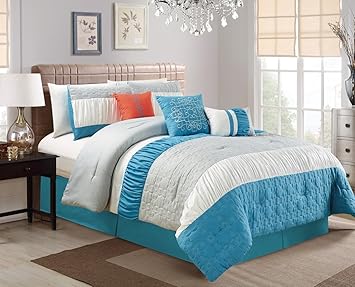 Amazon Com Ruffle Pleat 7 Piece Bedding Blue Grey White