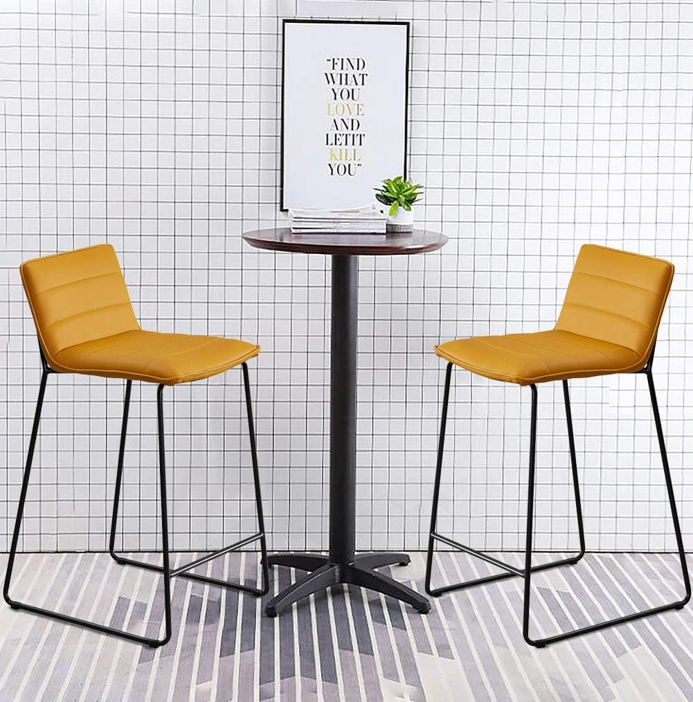 TUKAILAI Set of 2 pcs Faux Leather Bar Stools Bar Chairs High Stools Exterior Metal Footrest Base and Backrest for Home Breakfast Kitchen Island Bar Yellow Color 49x53x93cm