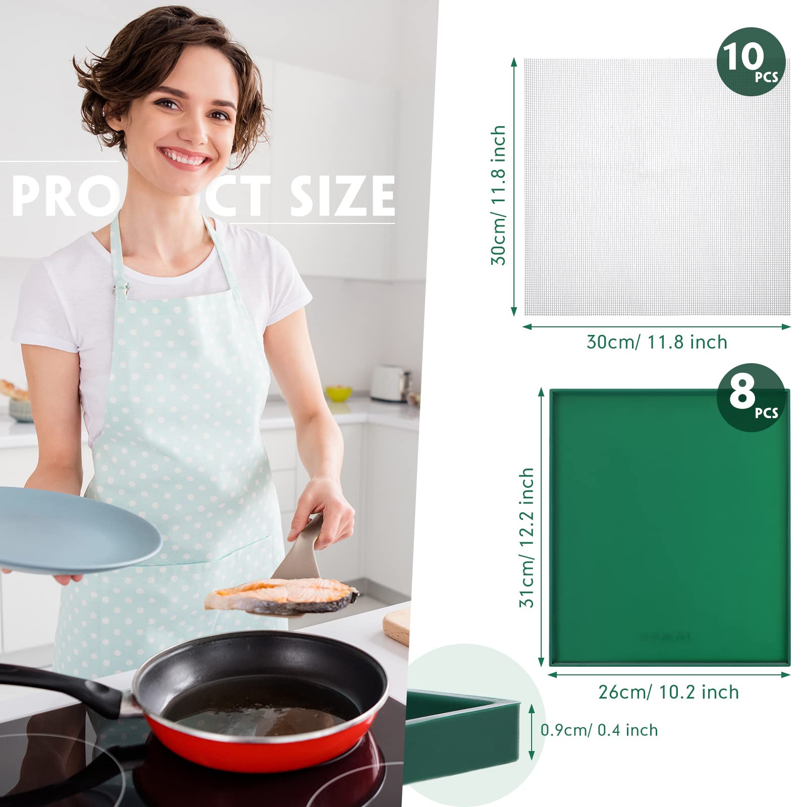 Thenshop 8 Pcs Silicone Dehydrator Sheets Trays with Edge and 10 Pcs Mesh Dehydrator Mats Non Stick Reusable Fruit Leather Trays Accessories for Liquid Making Food Fruit Meat Egg Vegetables(Green)