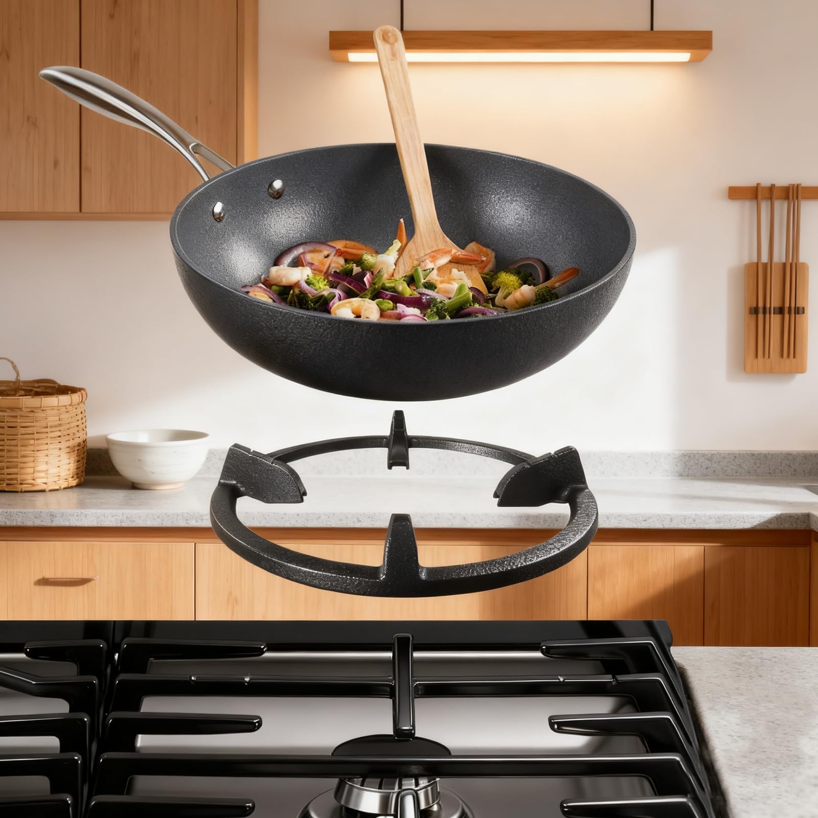 MCAMPAS Cast Iron Wok Ring - Non Slip Burner Ring Support for Round Bottom Wok, Fits Samsung, GE, Kitchenaid, LG, Whirlpool, Frigidaire, Kenmore Gas Stoves