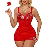 Crexomi Sexy Ruched Bodycon Mesh Lace Floral Embroidered Sheer Underwire Babydoll Lingerie Set Dress with Thong 2 Piece