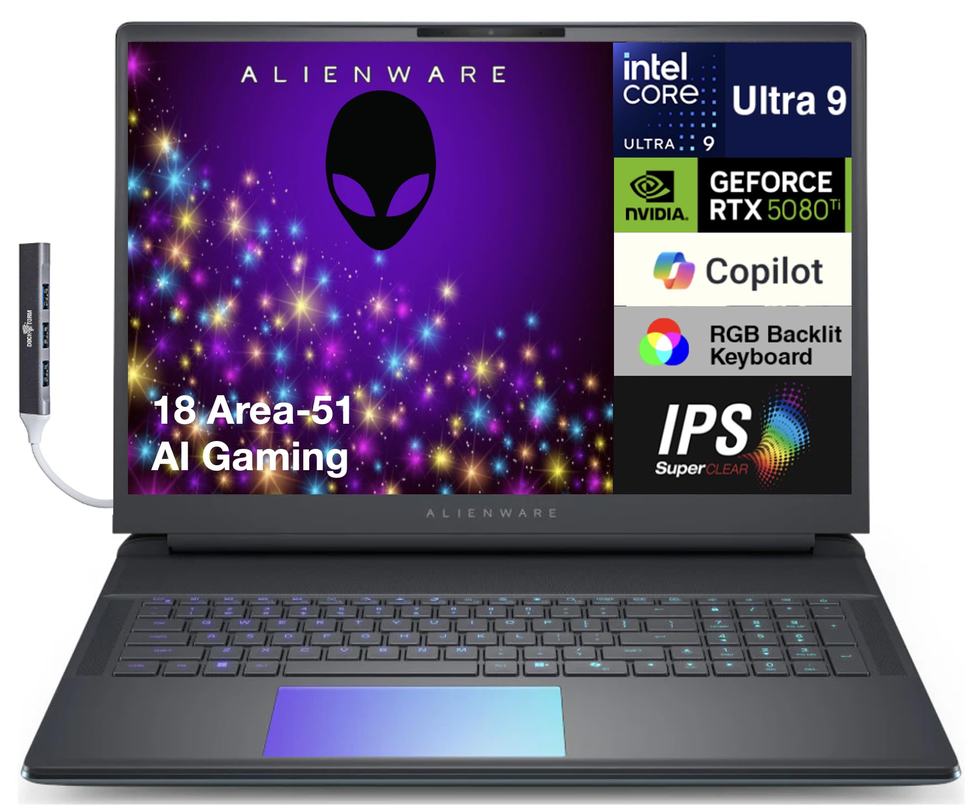 Alienware 18 Area-51 AA18250 AI Gaming Laptop 18" WQXGA (Intel Ultra 9-275HX, GeForce RTX 5080 16GB, 32GB DDR5, 1TB SSD, Win 11 Home) w/DKZ USB Port Expander