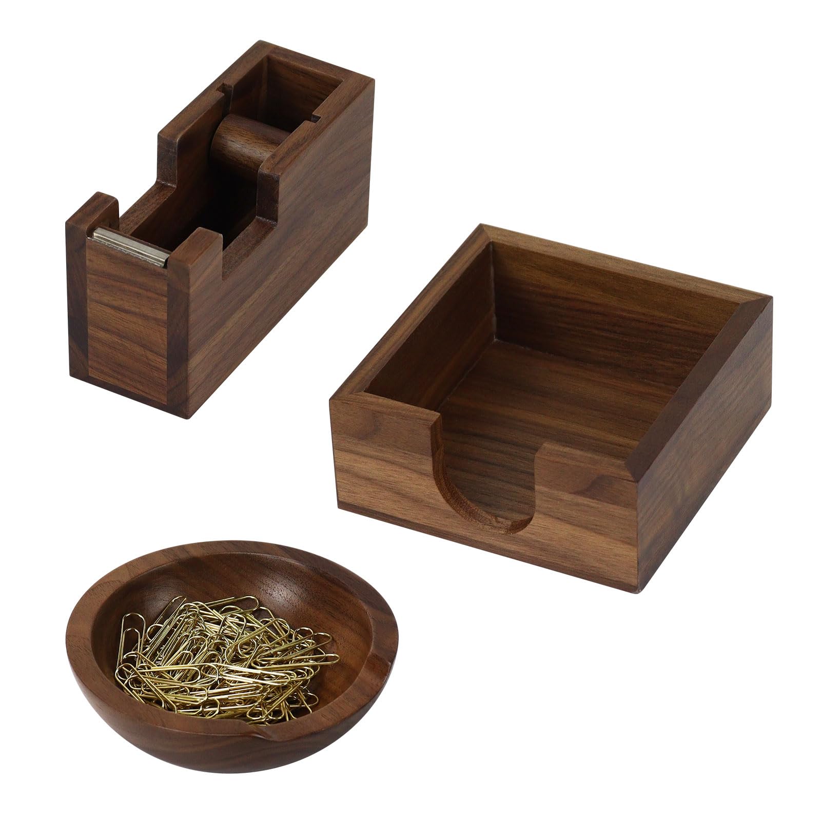 Photo 1 of MultiBey 3pcs Walnut Office Supplies Desk Organizers, Wooden Sticky Notes Pad Holder Post it Dispenser, Paper Clips Holder and Tape Dispenser Cutter for Office Home School