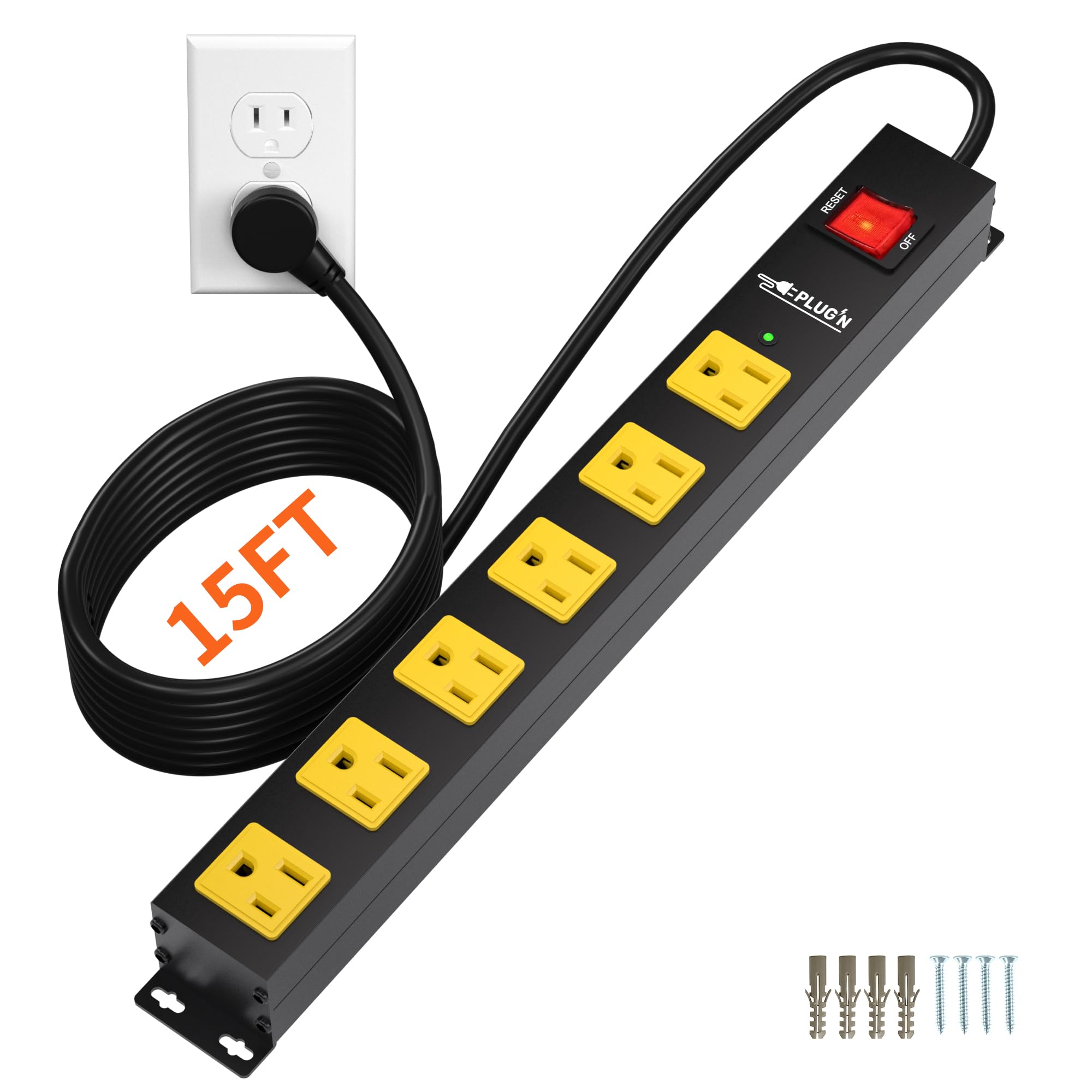 Photo 1 of Power Strip 2700J Surge Protector, Heavy Duty Power Strips with 15FT Long Cord and Flat Plug, Wall Mountable Metal 6 Outlet Strip for Desk, Garage, Workbench and Kitchen