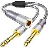 SOUNDFAM 1/4" Splitter Cable 2 Feet/60CM,Microphone Splitter 1 Female to 2 Male TRS 1/4 inch Splitter 6.35mm Stereo Female Plug to Dual 6.35mm Male-Grey