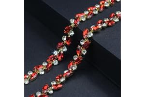 PEARLY JUN 1 Yard Rhinestone Trim Chain Red String Strips Crystal Applique Fringe Ribbon Beads Sewing for Dress DIY Party Wedding Bouquet Decoration Bridal Costume Embellishment