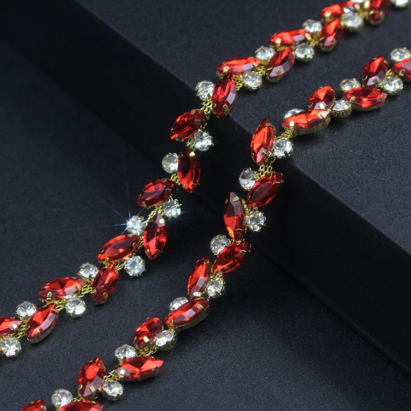 Photo 1 of 1 Yard Rhinestone Trim Chain Red String Strips Crystal Applique Fringe Ribbon Beads Sewing for Dress DIY Party Wedding Bouquet Decoration Bridal Costume Embellishment