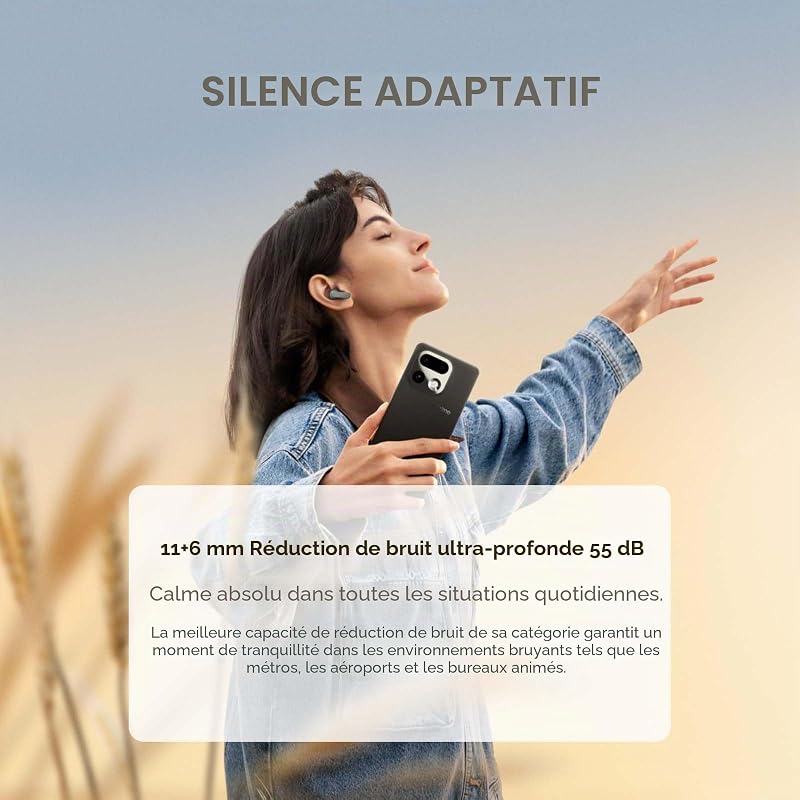 Buds Air 8 Écouteurs Bluetooth sans Fil, réduction de Bruit adaptative 55dB, 58h d'autonomie, doté de Double Driver 11+6 mm, Son Hi-Res LHDC 5.0, IP55, Bluetooth 5.4, Gris