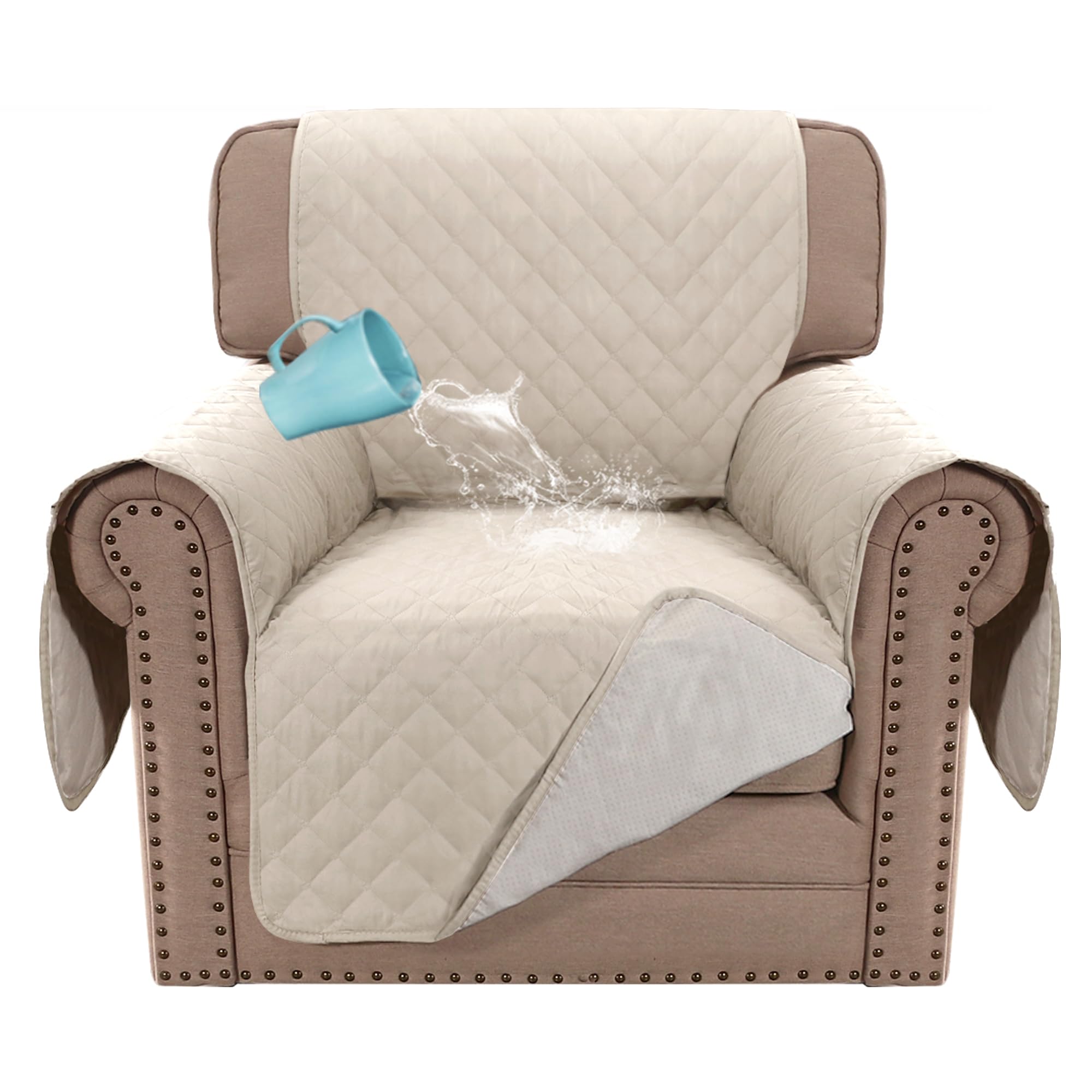 BellaHills Sofa Cover 100% Waterproof Sofa Covers 1 Seater Armchair Covers Triple Non-Slip Sofa Slipcovers for 1 Cushion Chair Washable Sofa Protector for Kids/Pets (Chair 23",Ivory)