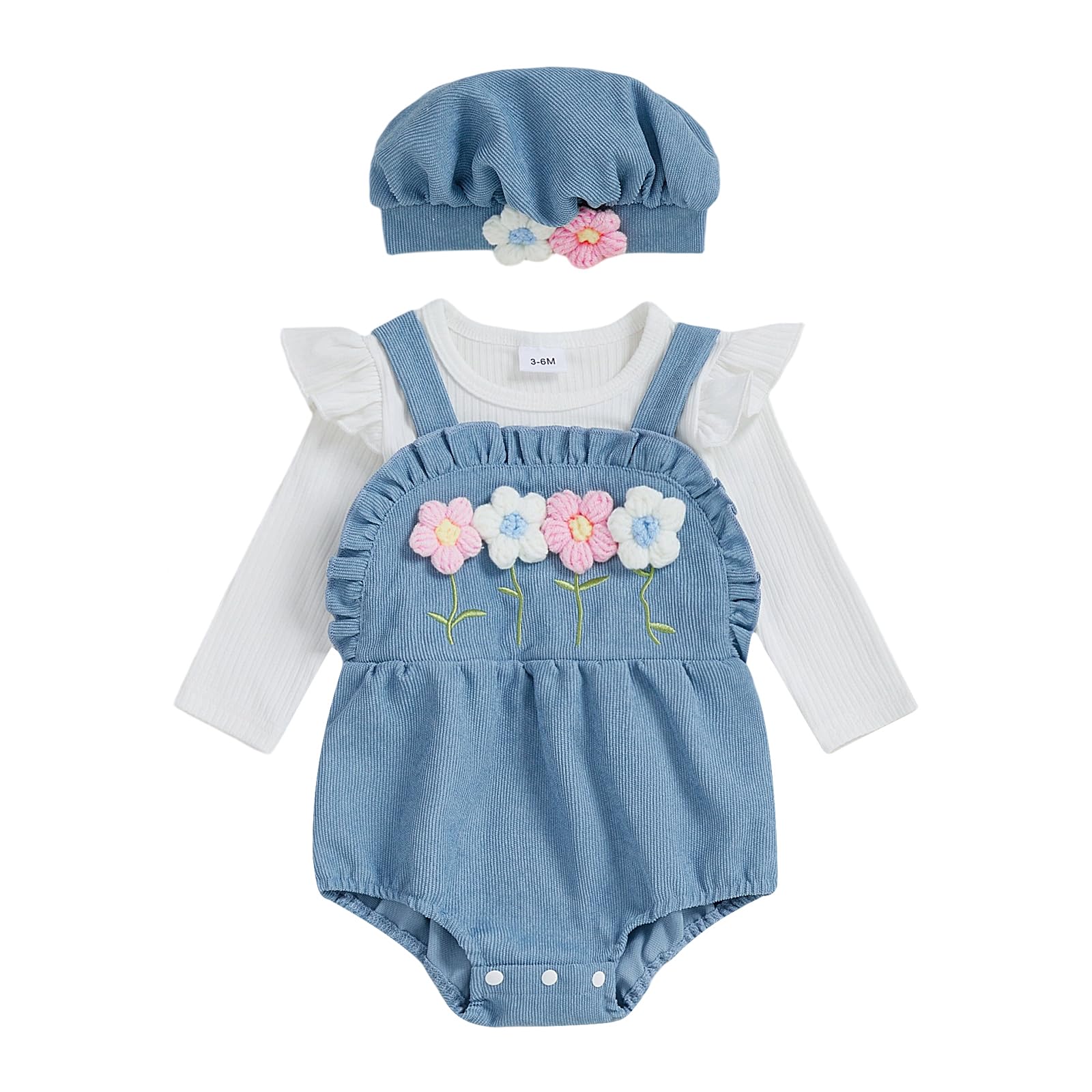 Photo 1 of woshilaocai Baby Girl Corduroy Outfit Long Sleeve 3D Flower Romper with Hat Fashion Infant Fall Clothes (Blue,0-3 Months)
