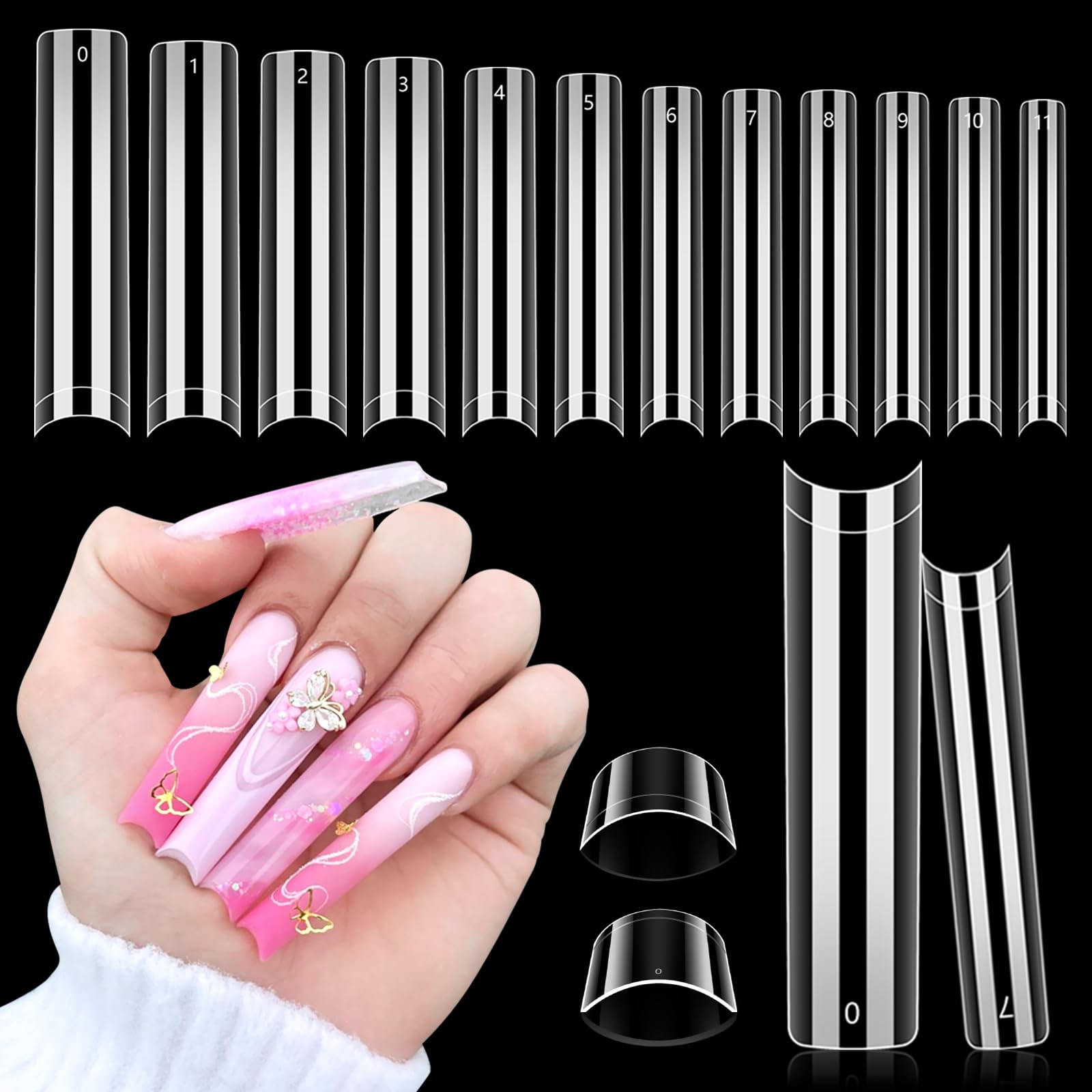Adonafy Nail Tips for Acrylic Extensions: 504 Pcs Extra Long Acrylic Nail Tips for Women Girls - 3XL No C Curve Square Tips for Salon Home Manicure Nail Art - 12 Sizes
