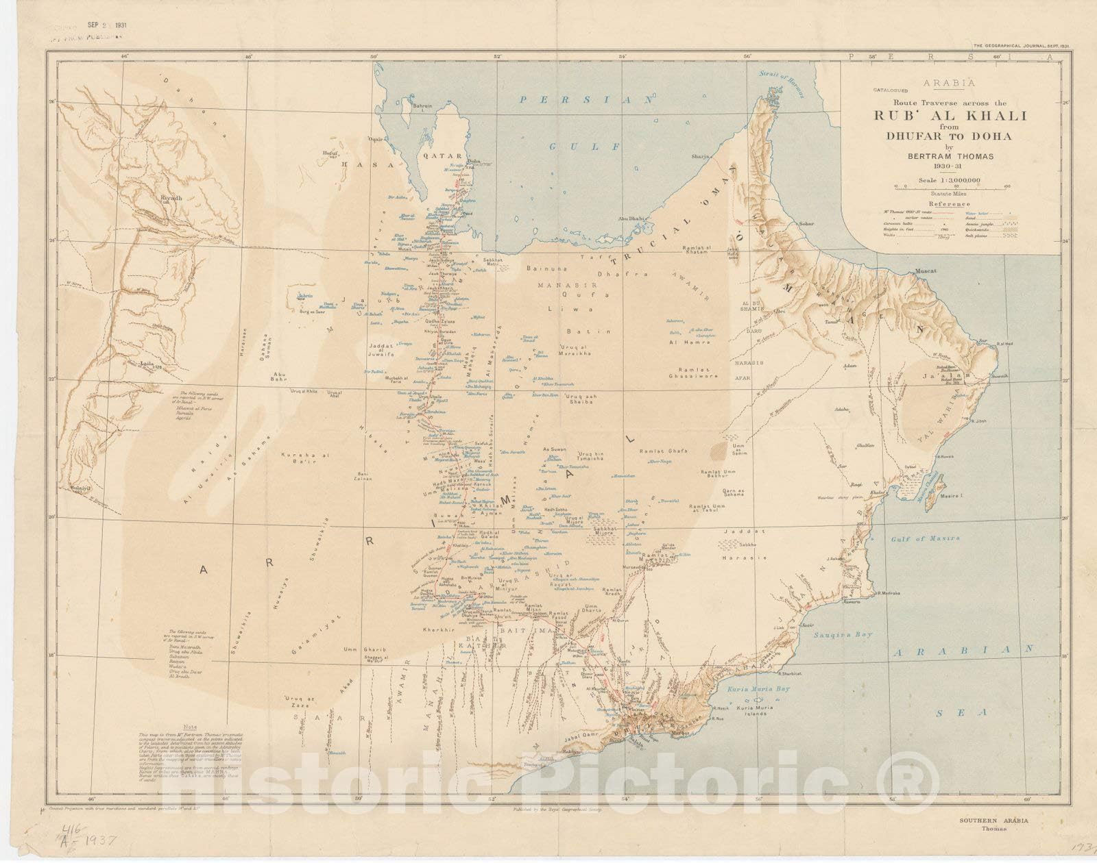 Historic Pictoric Map : Oman 1931, Route Traverse Across The Rub' al Khali from Dhufar to Doha by Bertram Thomas 1930-31, Antique Vintage Reproduction : 56in x 44in