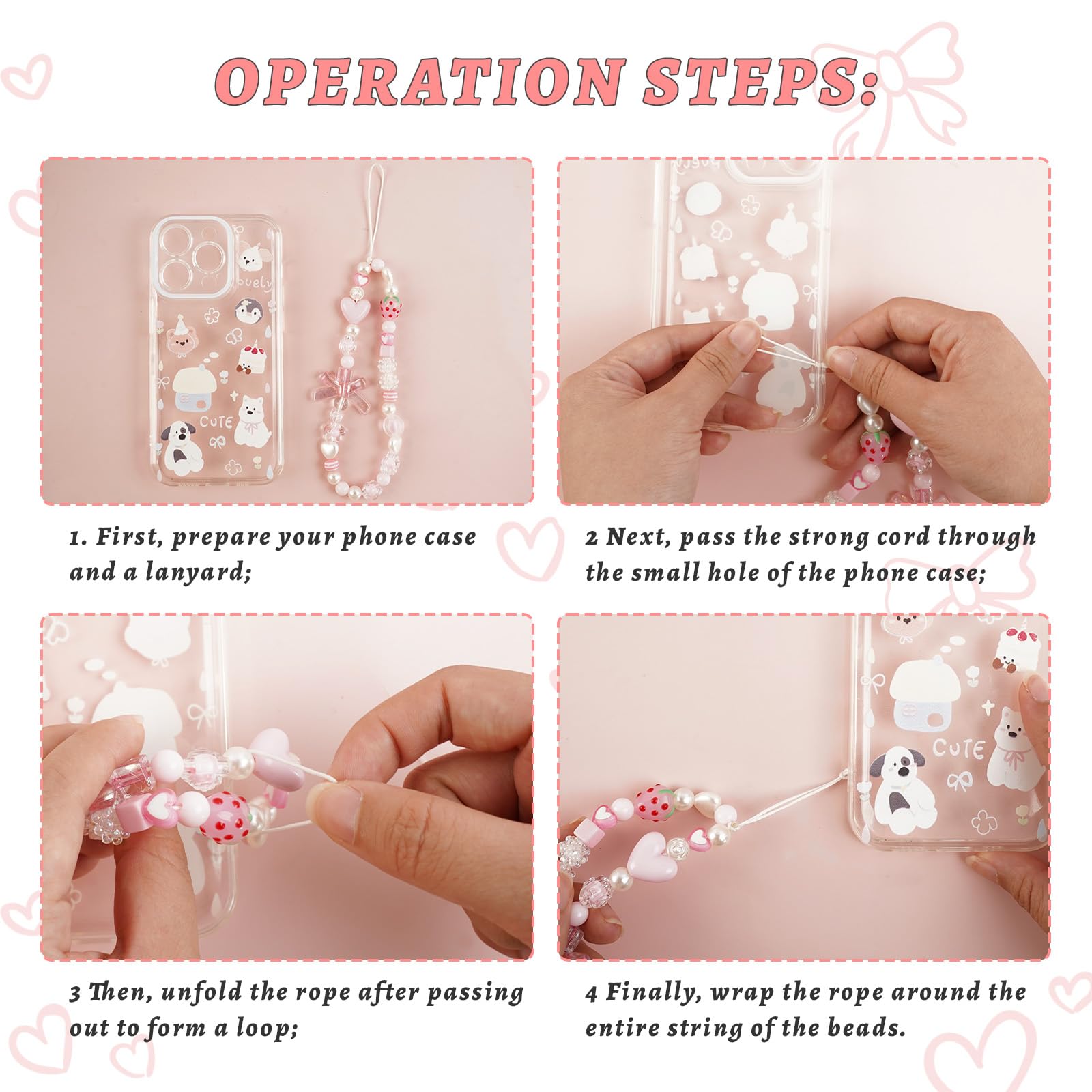 Pink Beaded Phone Wrist Straps, Y2K Phone Case Charms Camera Charm Strap, Lanyard Keychain Wristlet Aesthetic Cellphone Charm