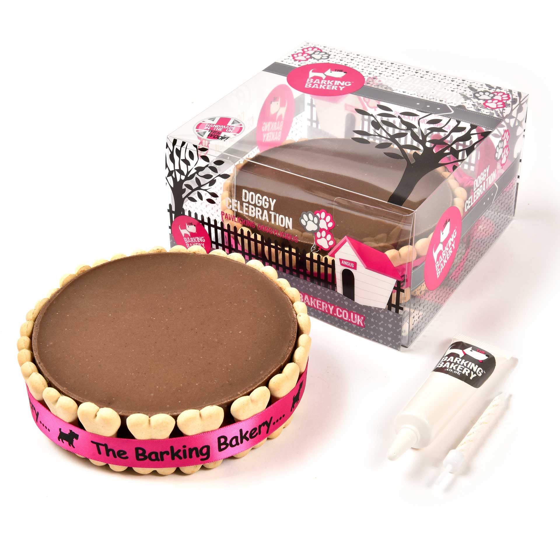 The Barking Bakery Carob Pawty Cake for Dogs – 6-Inch Dog Birthday Cake with Yoghurt Topping, Dog Biscuits, Icing Pen & Candle – Meat free - Handmade Celebration Cake 260g.