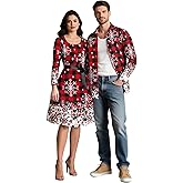 DRESSFO Couple Matching Hawaiian Chrismas Outfits Snowflake Plaid Print Belt Dress or Men's Contrast Print Shirt