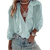 GORGLITTER Women's Ruffled Top Blouses Dressy Business Casual Button Up Long Sleeve V Neck Shirts Work Office Outfits