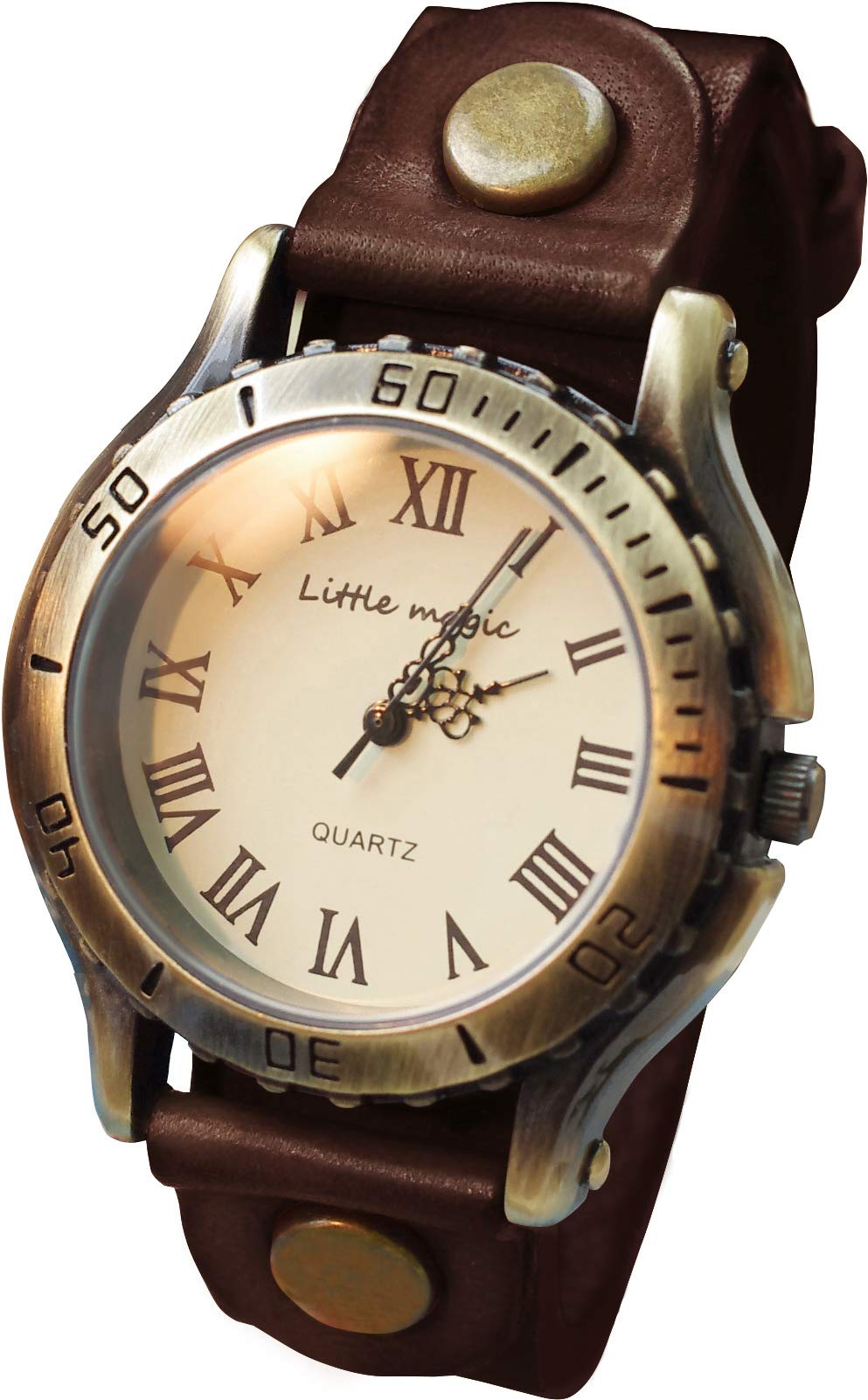 Little Magic Wristwatch For Women/Men, Genuine Leather Strap, Waterproof, Antique Style, Hypoallergenic, darkbrown, M