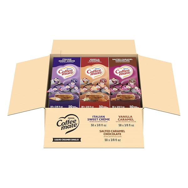NESTLE COFFEE MATE CREAMER SINGLES VARIETY PACK, ITALIAN SWEET CREME, SALTED CARAMEL CHOCOLATE, VANILLA CARAMEL NON DAIRY, NO REFRIGERATION, 0.375 FL OZ TUBS, 150 COUNT (PACK OF 50 PER FLAVOR)