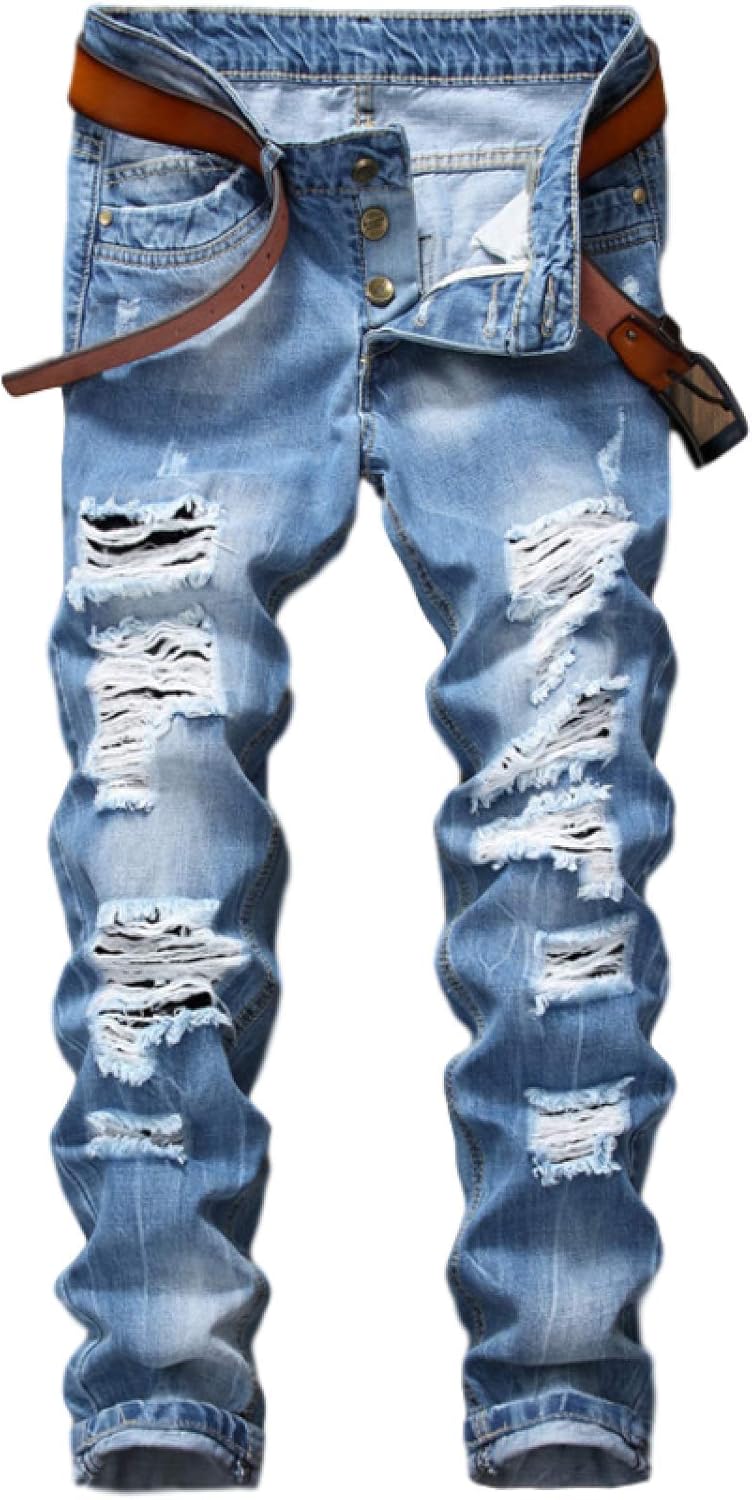 Pantaloni in Denim da Uomo, Jeans Skinny Strappati Primaverili Slim Fit