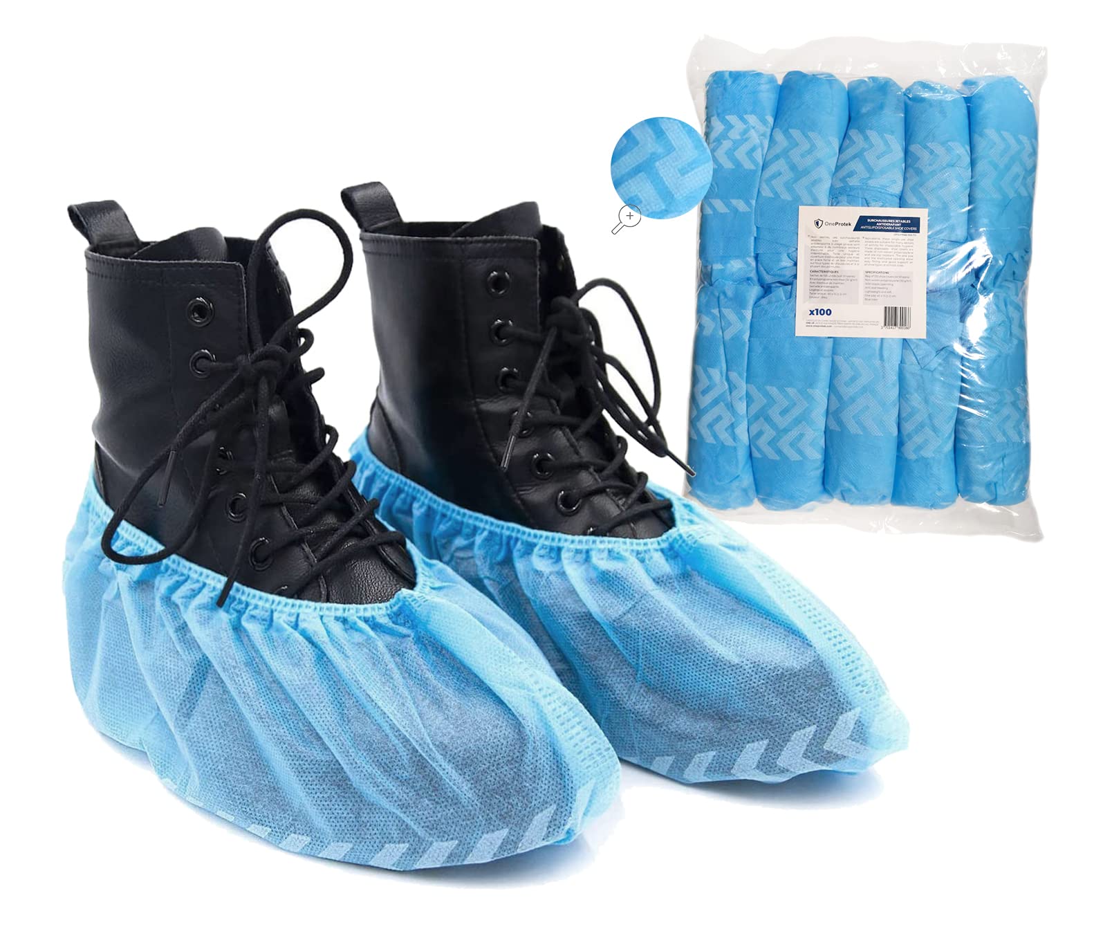 1 Pack (100 pieces) Disposable Shoe Covers OneProtek - Indoor Shoe Protectors - Non-slip floors/carpets protectors - One size resistant overshoes - Blue